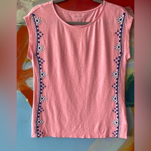 Talbots Tops - Talbot Shirt Size XS Pink Embroidered Knit Border Cap Sleeve Round Neck Cute